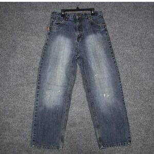 Mecca Mens Size 16 Baggy Denim Jeans Blue Paint Splatter Cotton Distressed Y2K